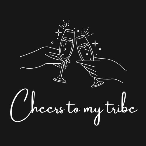 Dark grey background. Two hands toasting with champagne glasses. Text in white underneath Cheers to my tribe